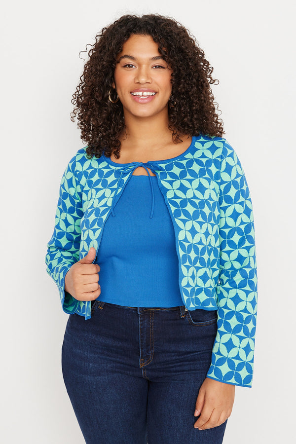 Trendyol Curve Women's Blue Geometric Pattern Long Sleeve Regular Fit Plus Size Cardigan