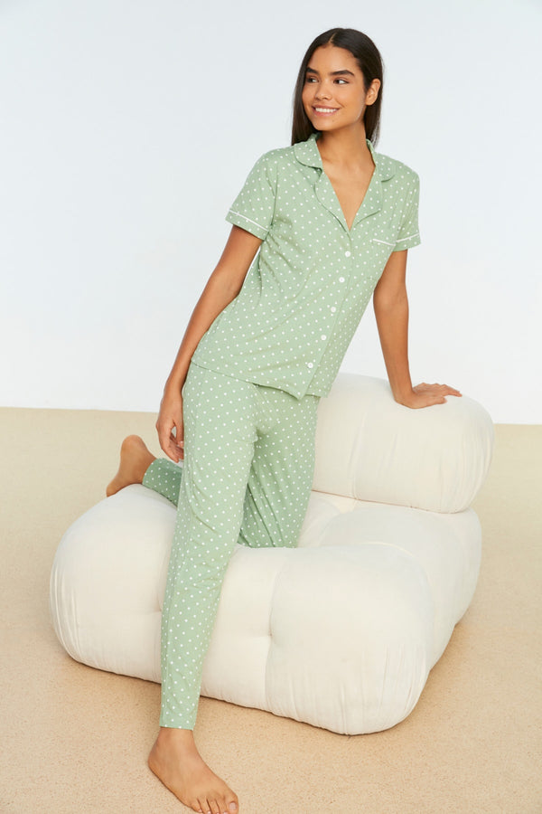 Trendyolmilla Piping Detailed Polka Dot Patterned Knitted Pajamas Set Thmss20Pt0304