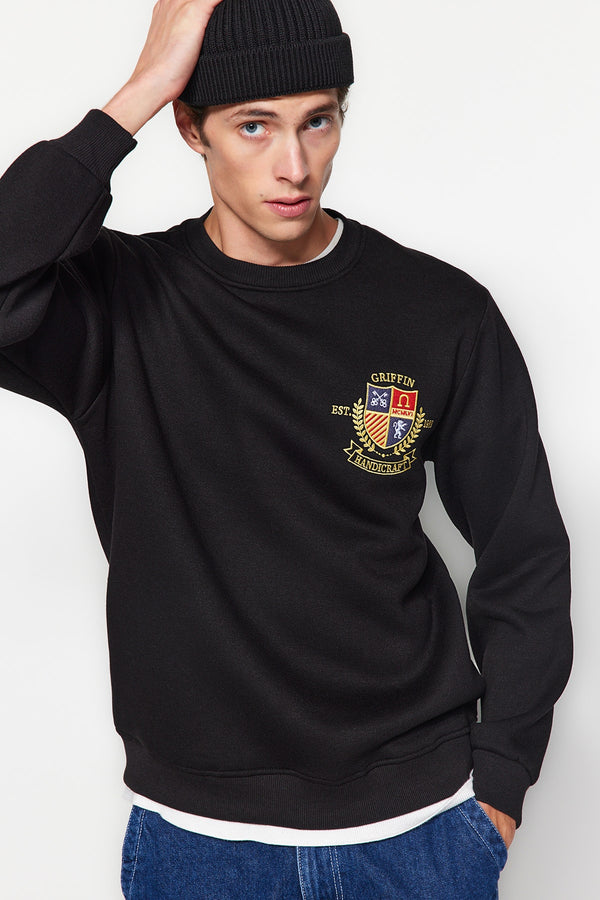 Trendyol Man Men's Navy Blue Motto Long Regular Sweatshirt