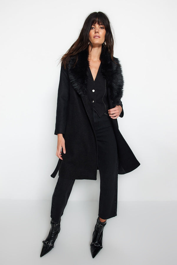 Trendyolmilla Belted Fur Collar Detailed Long Cachet Coat Twoaw24Kb00104