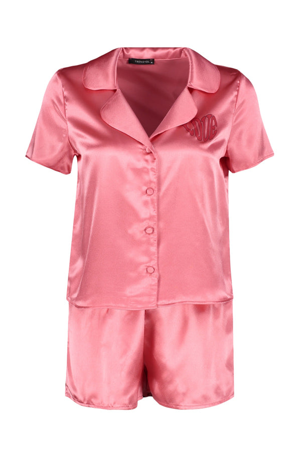 Trendyolmilla Slogan Printed Satin Shirt-Shorts Woven Pajamas Set Thmss23Pt00150
