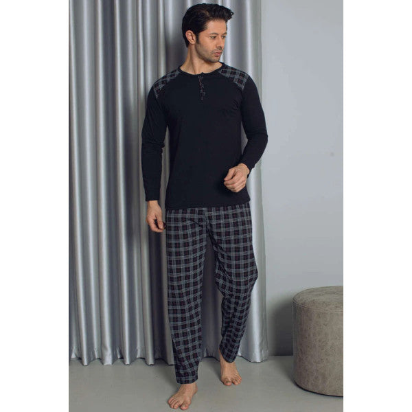 Half Buttoned Plaid Long Sleeve Men's Pajama Set Black