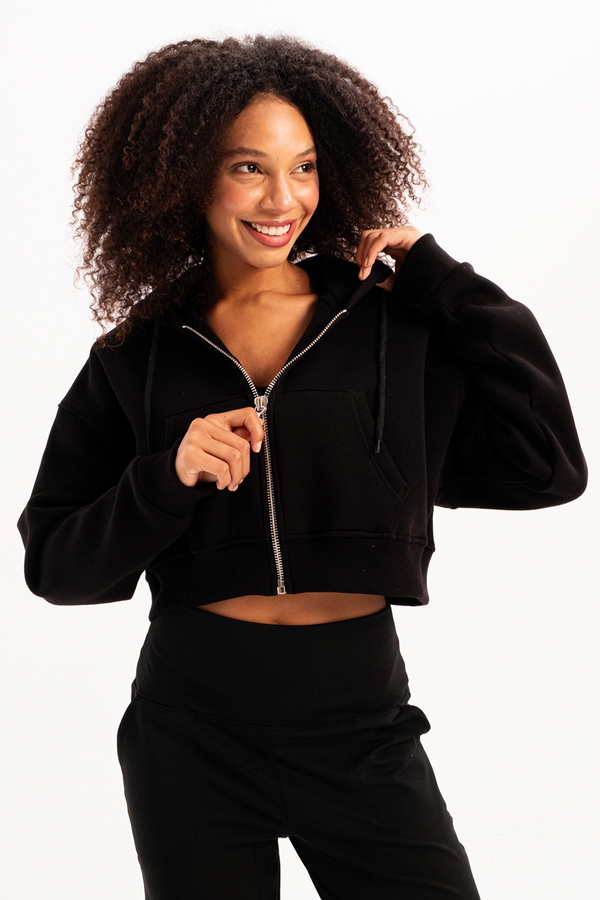 JUSTEVER Crop Hooded Zippered Kangaroo Pocket Raised Hoodie Black Women's Sweatshirt - Lumen