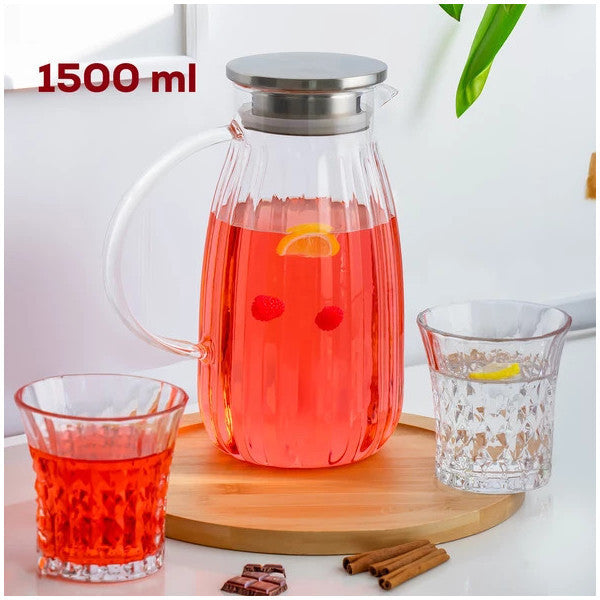 Porsima 15316 Borosilicate Glass Pitcher Metal Lid Glass Carafe - Detox Pitcher 1500 Ml