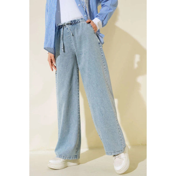 Elastic Waist Wide Leg Jeans Denim Blue