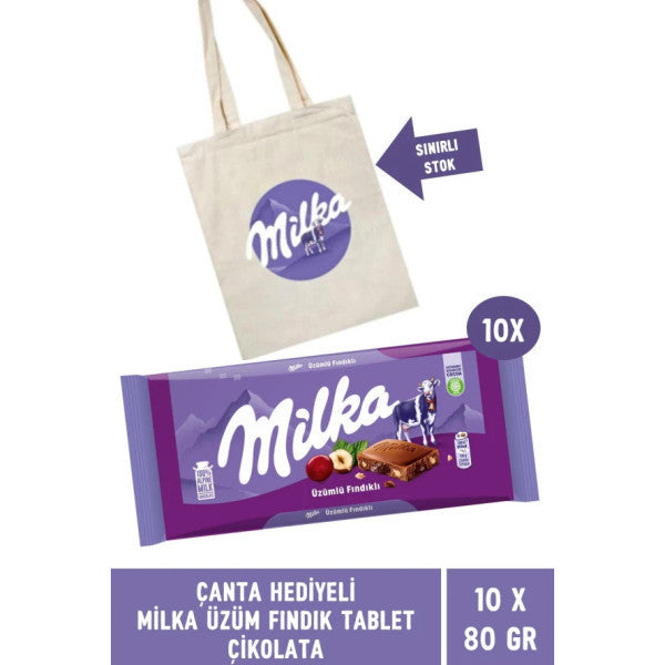 Milka Grape Hazelnut Tablet Chocolate With Gift Bag 80 Gr - 10 Pieces