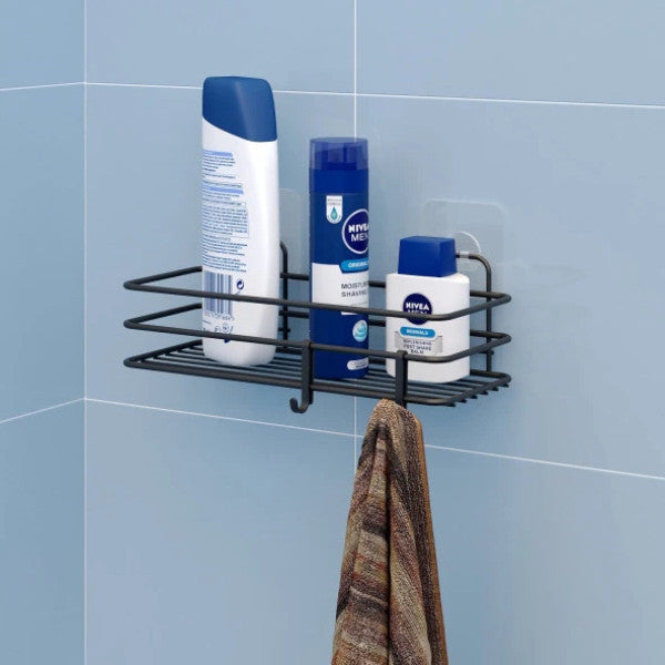 Teknotel Adhesive Bathroom Shelf With Hooks Matte Black St117H
