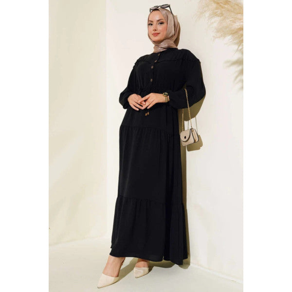 Half Button Front Layered Dress Black