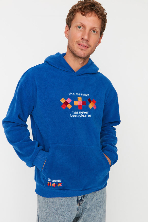 Trendyol Man Men's Relaxed Fit Hooded Embroidered Kangaroo Pocket Thick Fleece Warm Sweatshirt