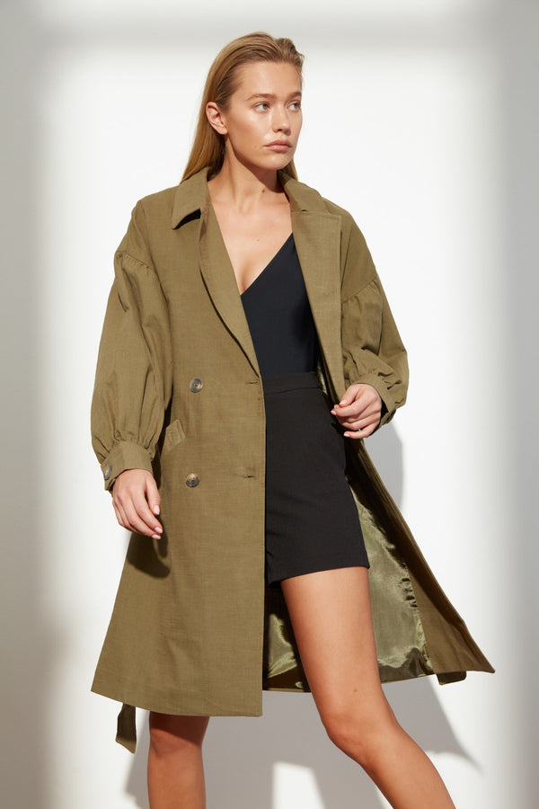 TRENDYOLMİLLA Wide Sleeve Belt Linen Long Trench Coat TWOSS21TR0024