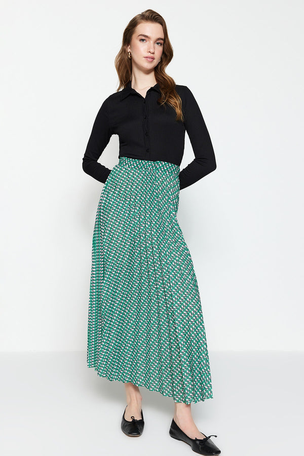 Trendyol Modest Geometric Patterned Pleated Elastic Waist Knitted Skirt Tctss23Ee00018