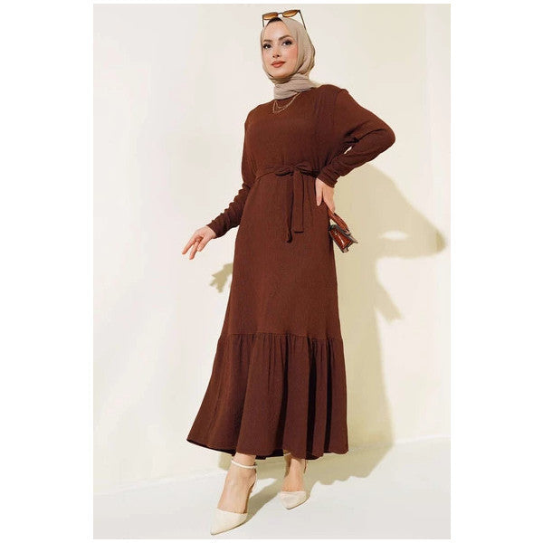 Pleated Belted Layered Dress Brown