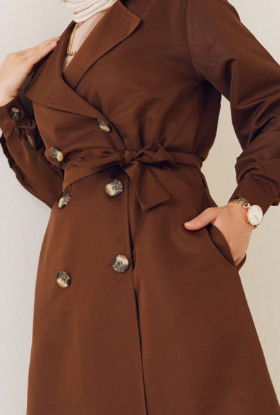 Three Buttons Double Breasted Collar Brown Trench Coat