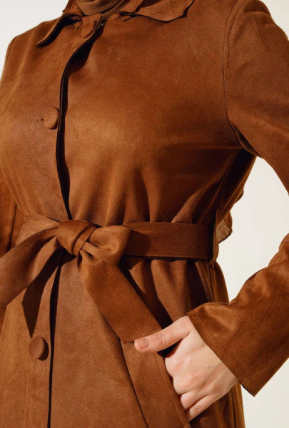 Belted Suede Coat Tan