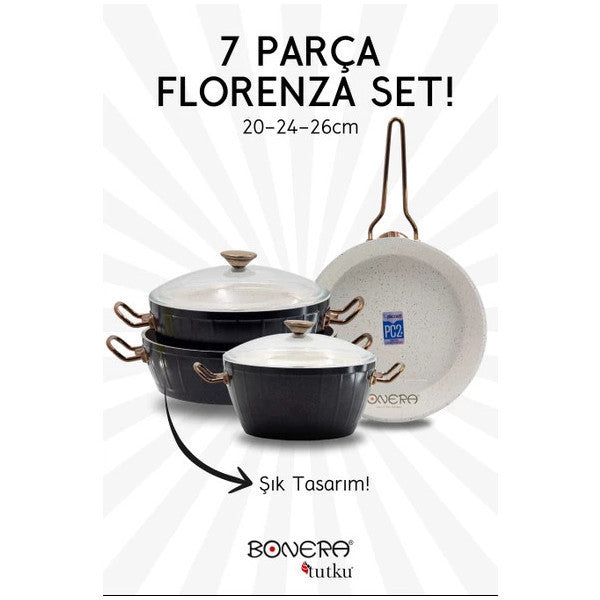 Bonera Florenza 7 Piece Black Outside & White Inside Pot & Pan Set With Rose Gold Handle Detail