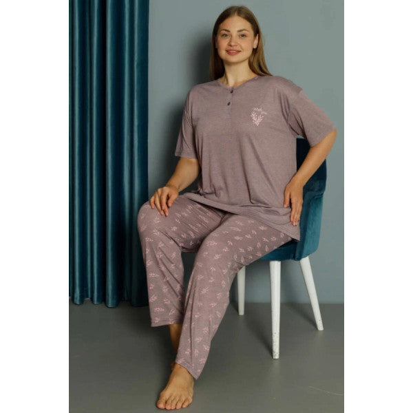 Plus Size Pajama Set With Collar Embroidery Persian Rose