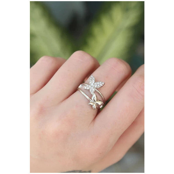 Pilelistore Brass Silver Color Adjustable Zircon Stone Butterfly Ring - Tj-Byk3189