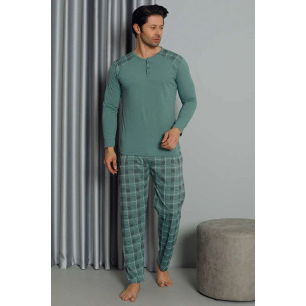 Plaid Long Sleeve Men's Pajama Set Green