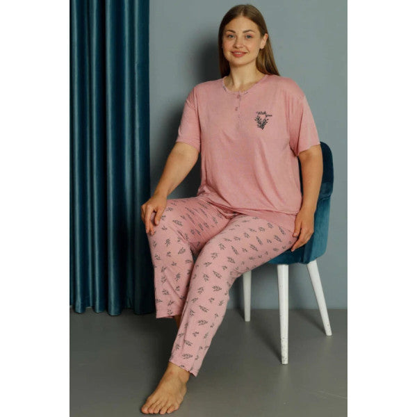 Plus Size Pajama Set With Collar Embroidery Powder Color