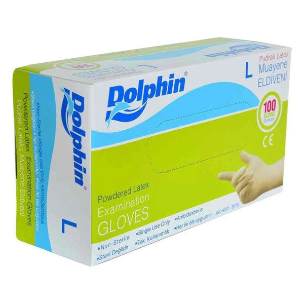 Dolphin Powdered Latex Examination Gloves Large Size (L) 100 Piece Pack