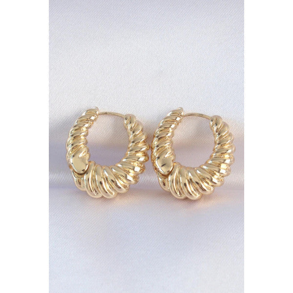 Brass Gold Color Serration Detail Domed Hoop Earrings