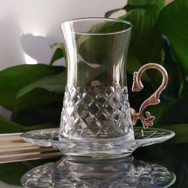 Pasabahce elmas desen dekoratif gümüş saplı çay seti - 6 kişi için