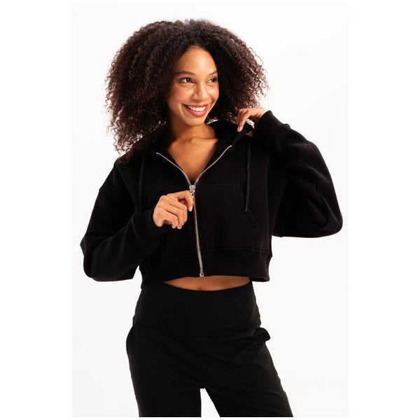 Justever Crop Hooded Zippered Kangaroo Pocket Raised Hoodie Black Women's Sweatshirt - Lumen