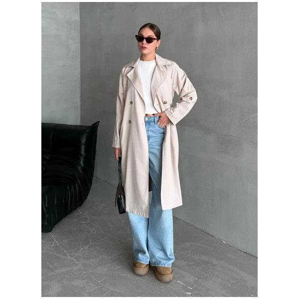 Cream Flowy Unlined Long Trench Coat