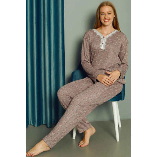 Women's Pajama Set With Floral Collar Lacy Purple