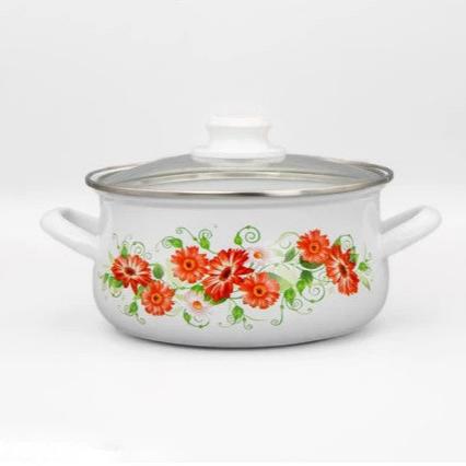 Bonera 16Cm Flower Patterned Single Glass Lid Enamel Casserole Pot