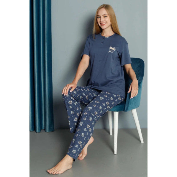 Floral Embroidered Short Sleeve Pajama Set Indigo