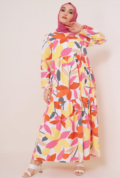 Colorful Leaf Pattern Terrycotton Dress Yellow Pink