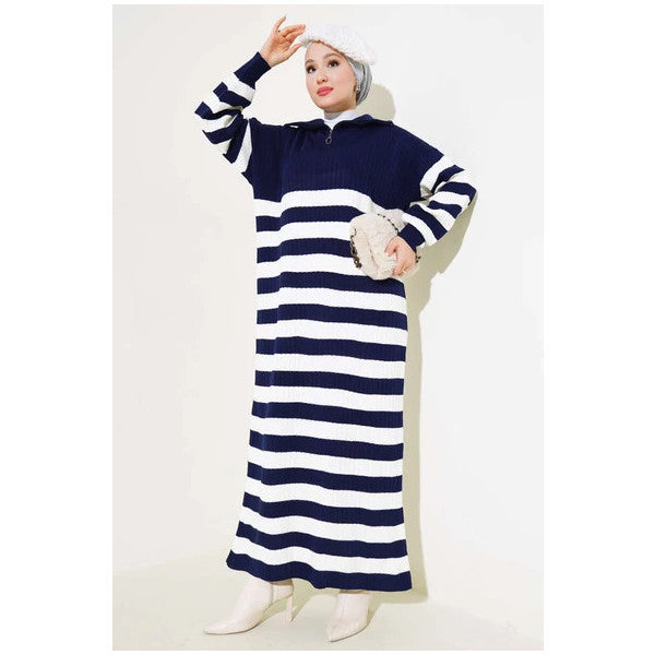 Half Zipper Thick Striped Knit Dress Navy Blue