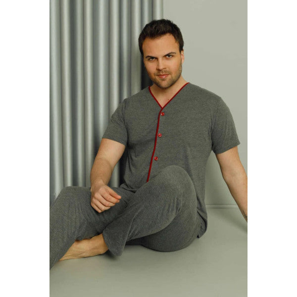 Full-Length Button Short Sleeve Men's Pajama Set Smoke-Colored