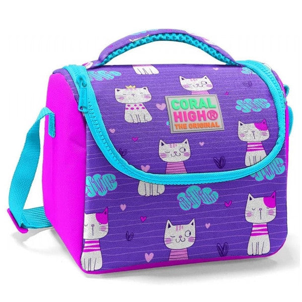 Coral High Girl's Purple Pink Cat School Lunchbox - Thermal Insulated