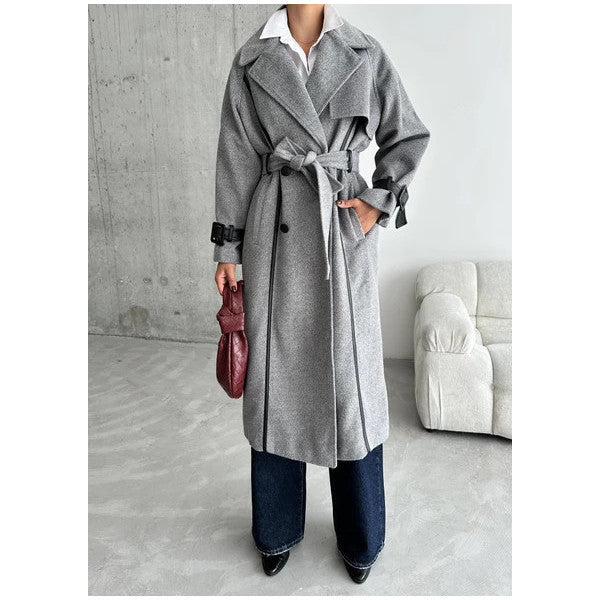 Grey Leather Striped Belted Herringbone Long Coat