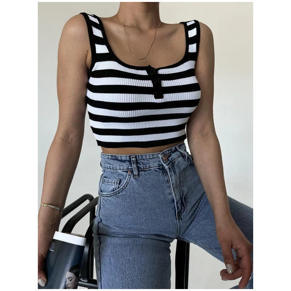 Black-Ecru Buttoned Striped Crop Tank Top