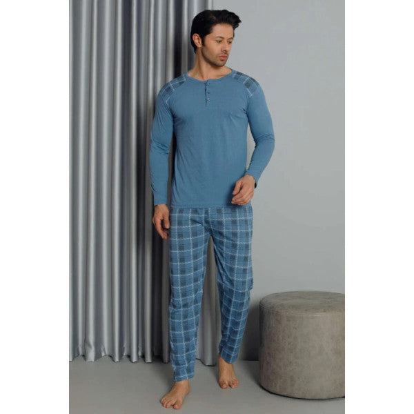 Plaid Long Sleeve Men's Pajama Set Blue