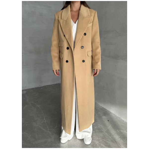 Tan Premium Embroidered Double Breasted Wool Long Coat