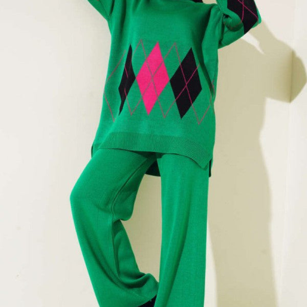 Diamond Patterned Knitwear Double Suit Green