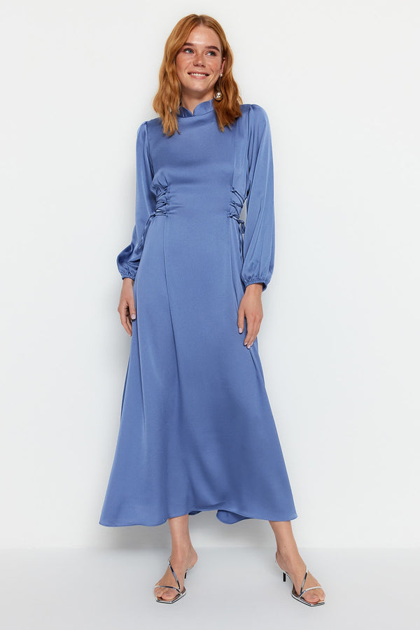 Trendyol Modest Blue Waist Brit Satin Evening Dress Tctss23Db00037