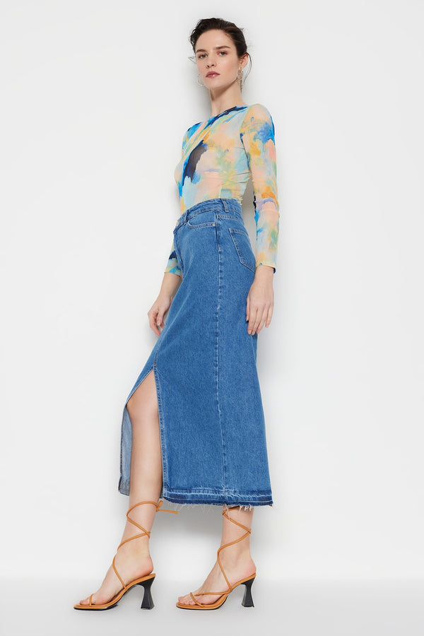 Trendyolmilla Blue Slit Maxi Denim Skirt Twoss23Et00289