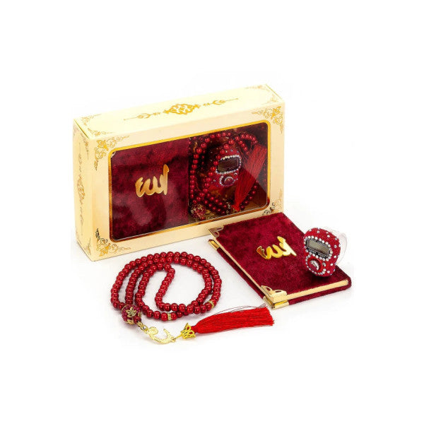 Stone Chanting - Mini Velvet Yasin - Gift Set With Pearl Prayer Beads - Claret Red Color