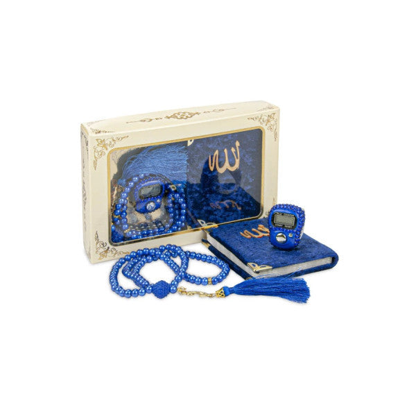 Stone Chanting - Mini Velvet Yasin - Gift Set With Pearl Prayer Beads - Navy Blue Color