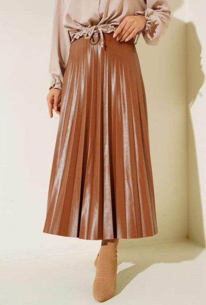 Pleated Leather Look Skirt Tan