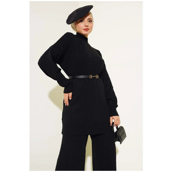 Ribbed Sleeve Embossed Knitwear Two Piece Set Black