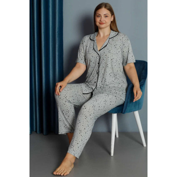 Star Patterned Shirt Collar Plus Size Pajama Set Mint