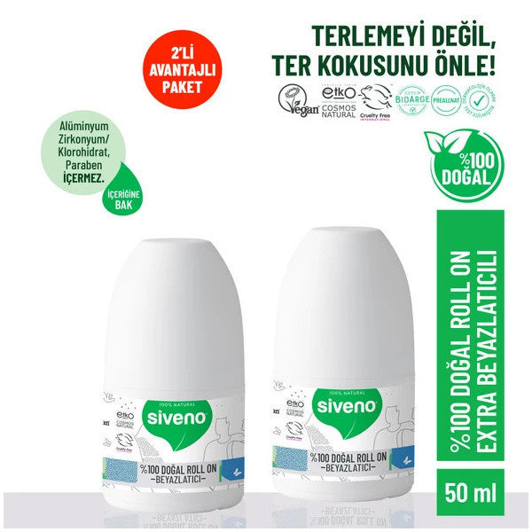 Siveno 100% Natural Roll-On Deodorant With Whitening Effect, Anti-Sweat Odor, Herbal, Spotless, Vegan 50 Ml X 2 Pieces