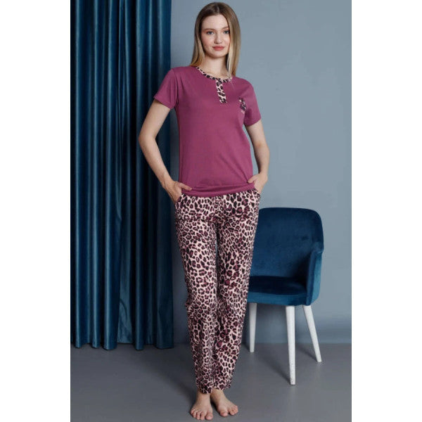 Leopard Pattern Short Sleeve Pajama Set Violet