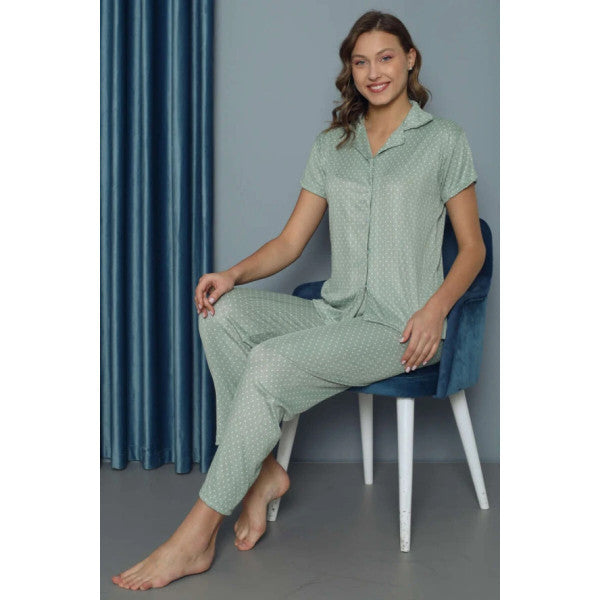 Polka Dot Patterned Short Sleeve Women's Pajama Set Green